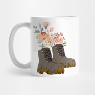 Hiking boots with wildflowers Mug